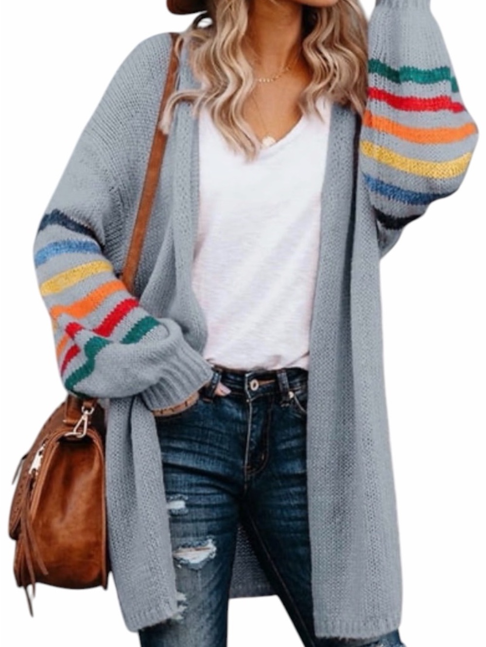 Dove Gray Open Front Oversized Cardigan Sweater With Striped Sleeves Size Large